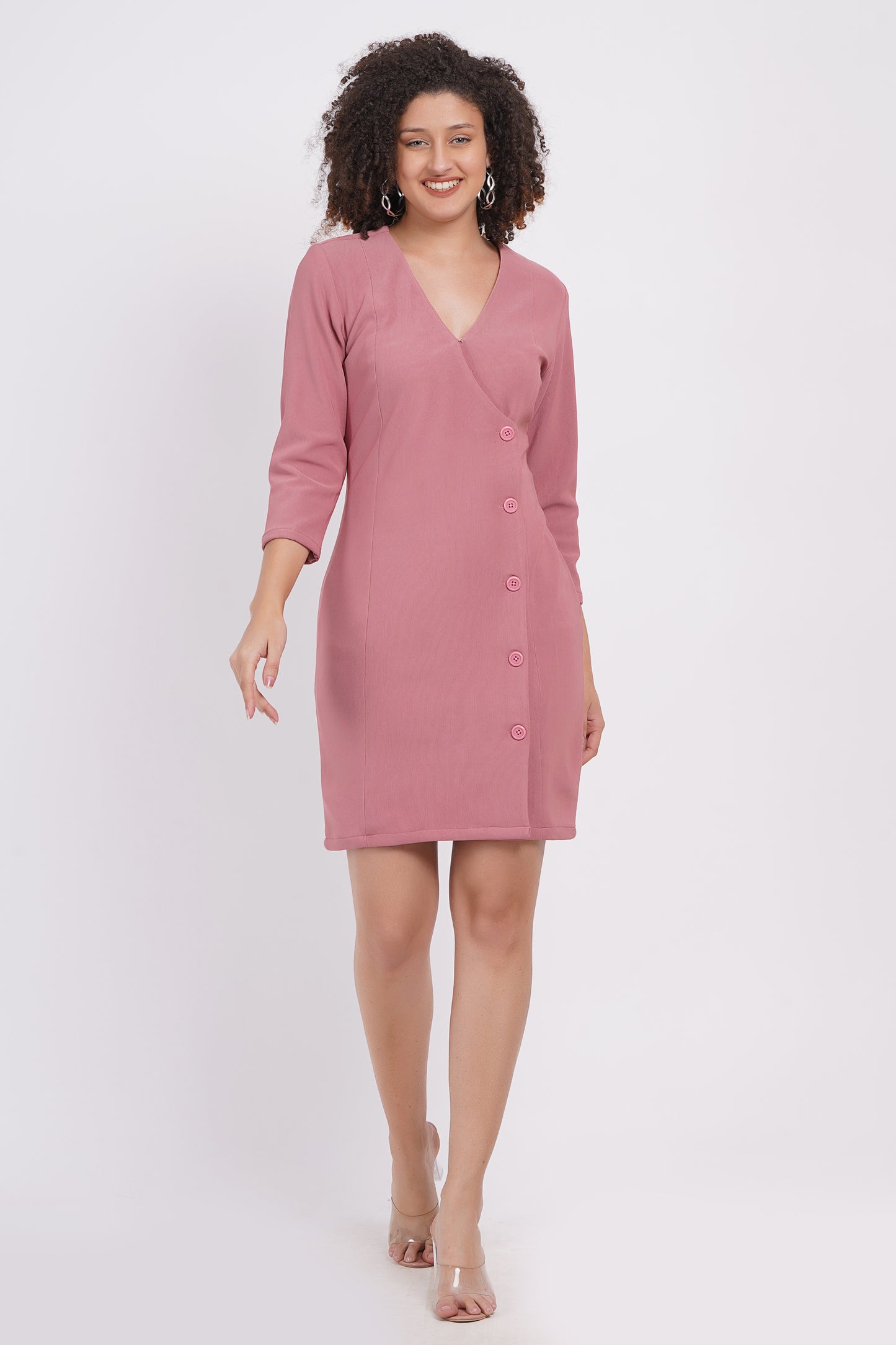 V Neck A line Dress Dusty Pink