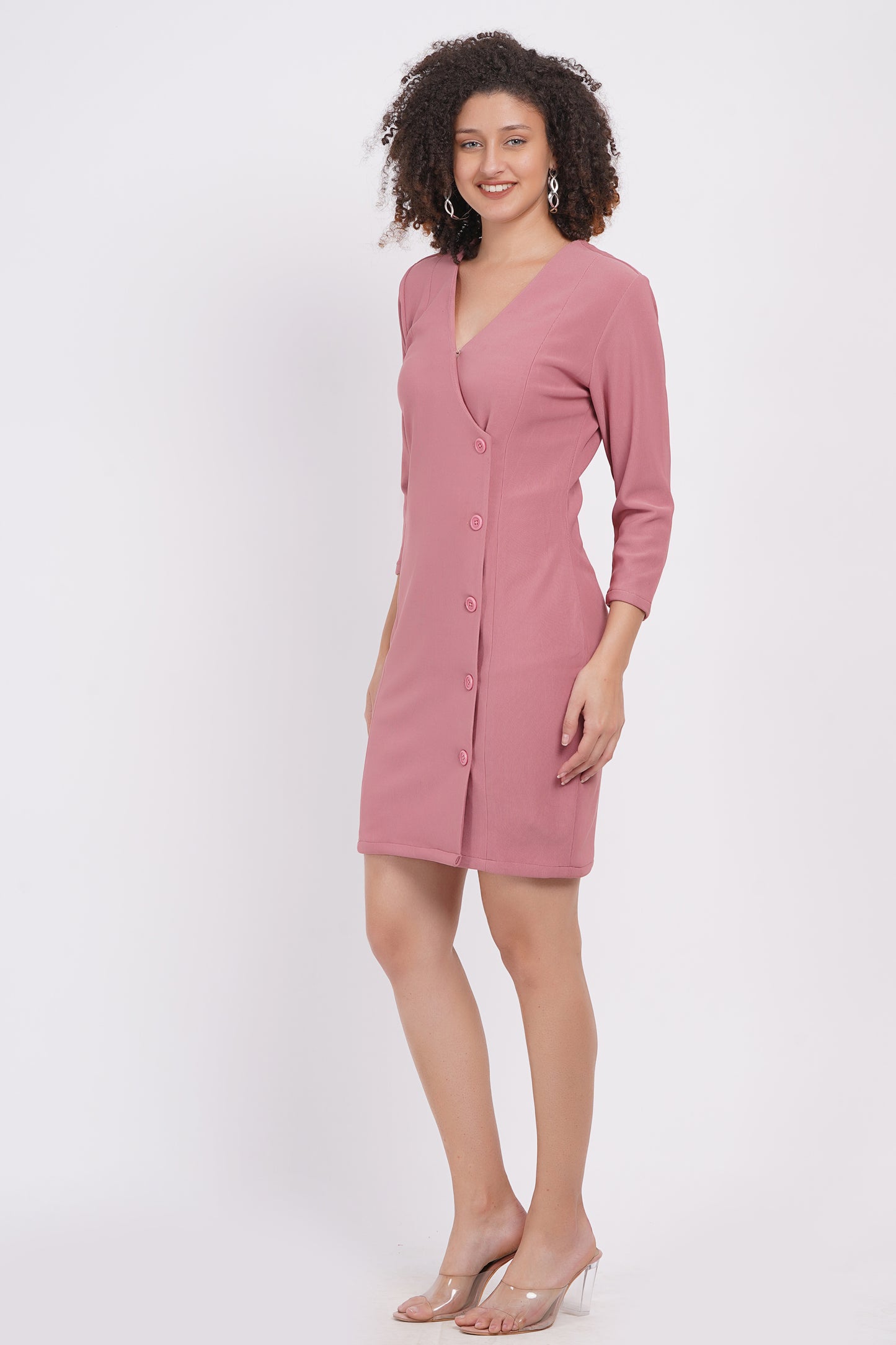 V Neck A line Dress Dusty Pink