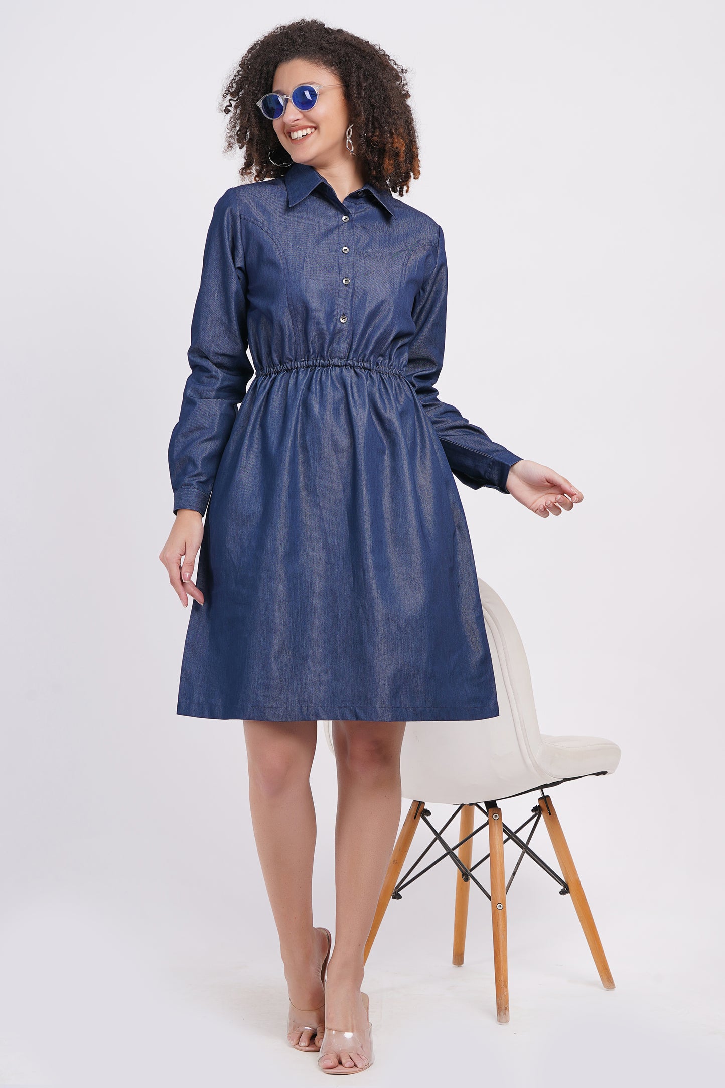 Full sleeve Blue denim Midi Dress