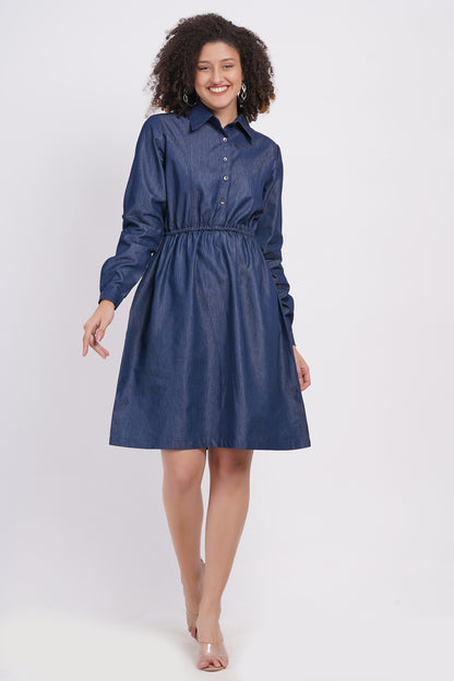 Full sleeve Blue denim Midi Dress