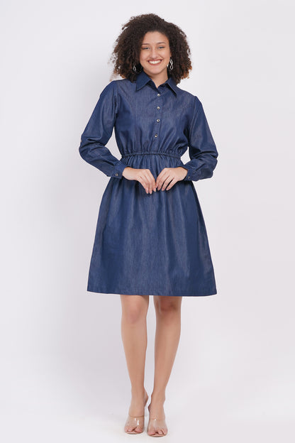 Full sleeve Blue denim Midi Dress