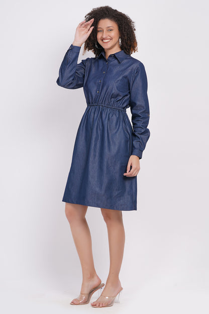 Full sleeve Blue denim Midi Dress