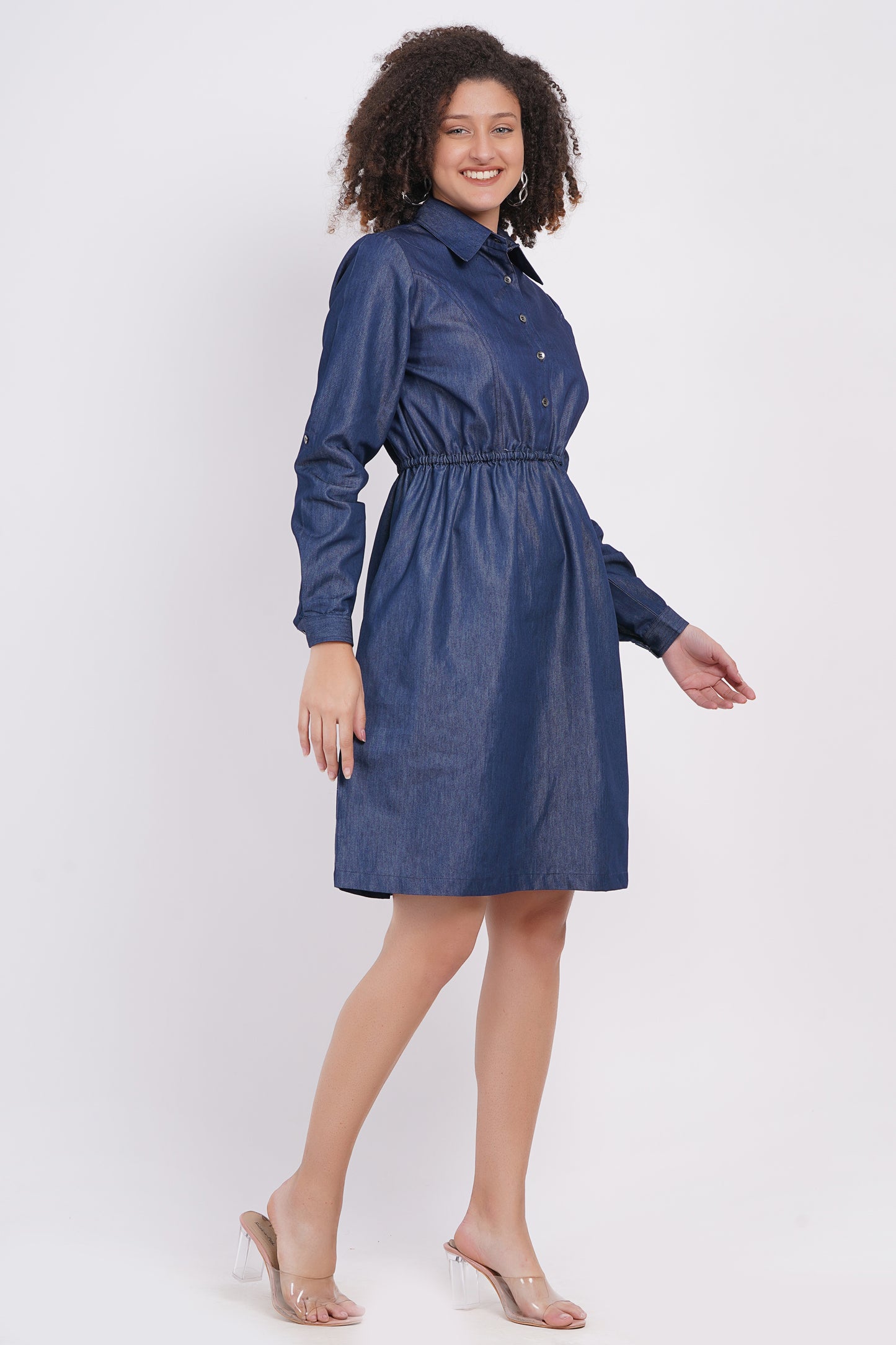 Full sleeve Blue denim Midi Dress