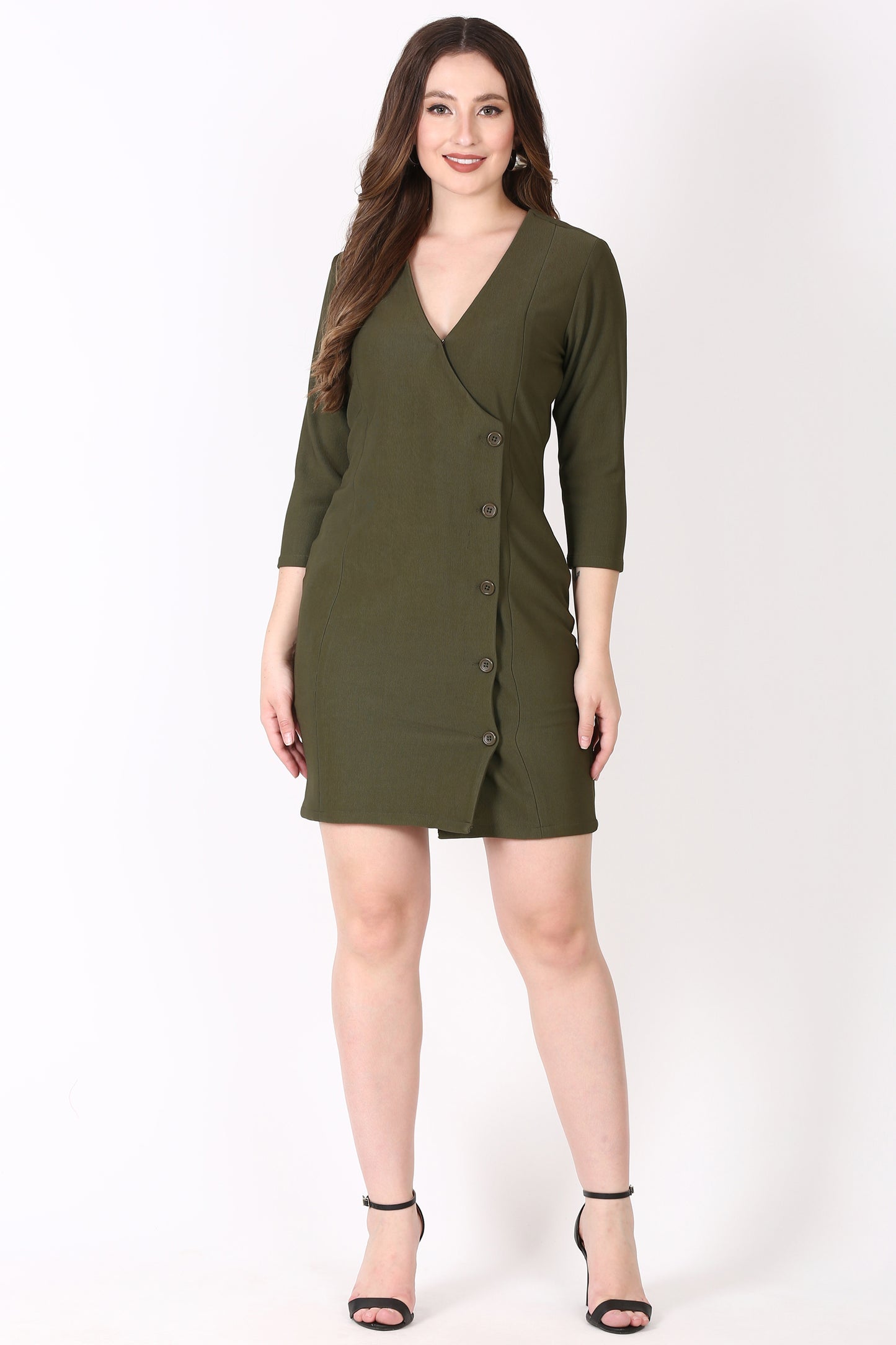 V Neck A line Dress Dark Green