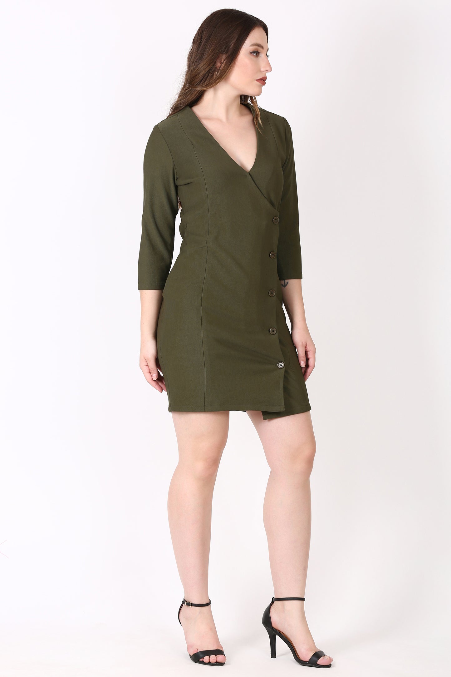 V Neck A line Dress Dark Green