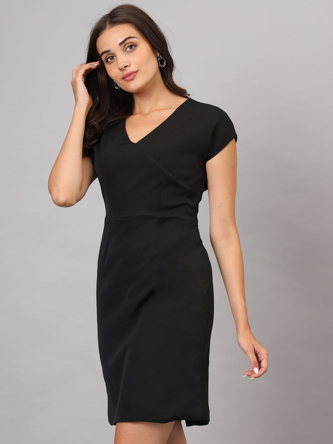 V Neck Short Sleeves Midi Dress Black