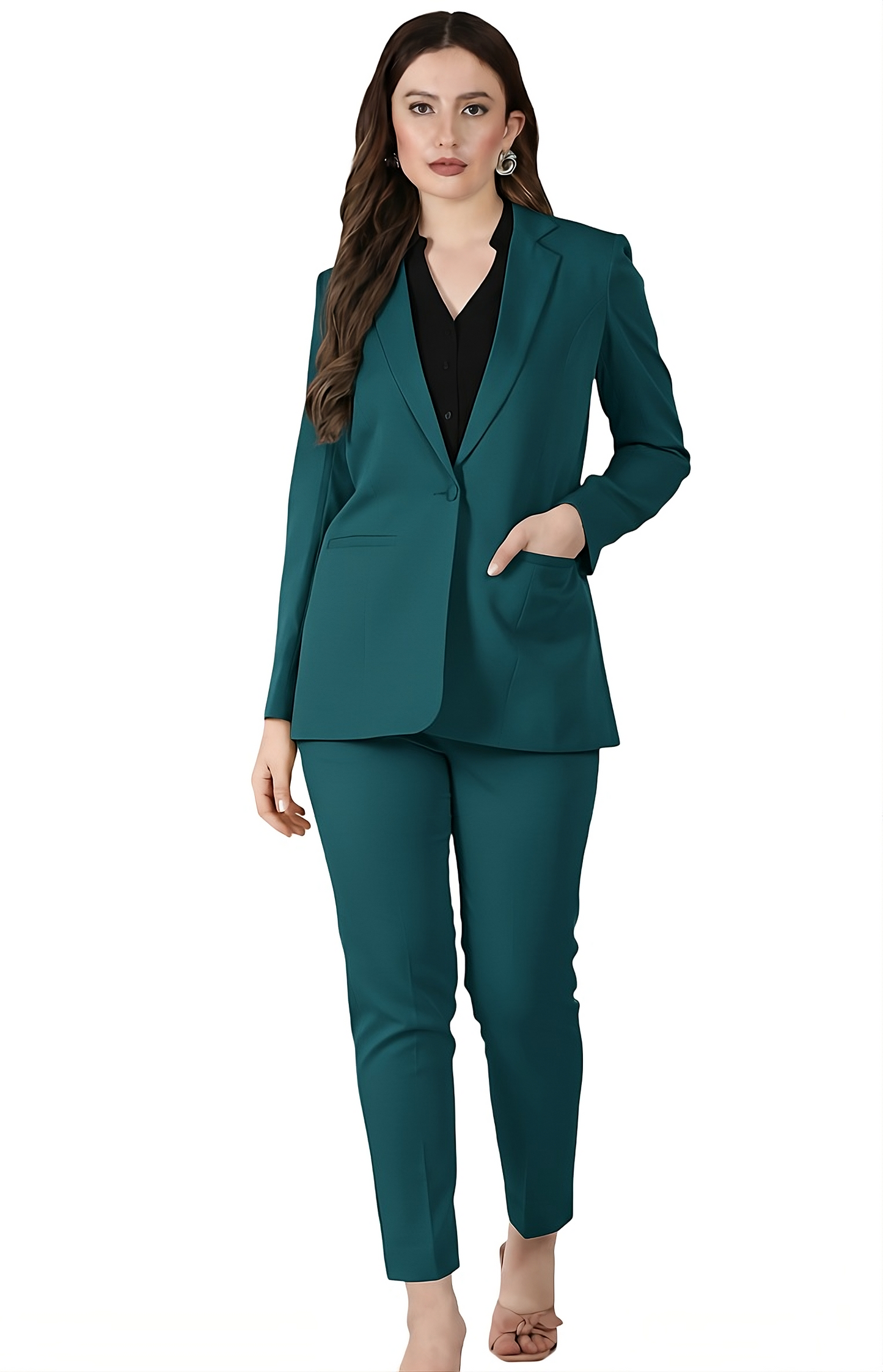 Women Notch collar Blazer Pant suit Set (Bottle Green)