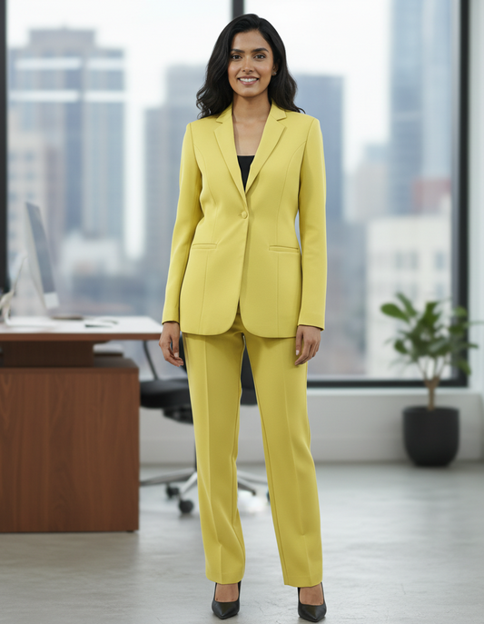 Women Notch collar Blazer Pant suit Set (Lime Yellow)