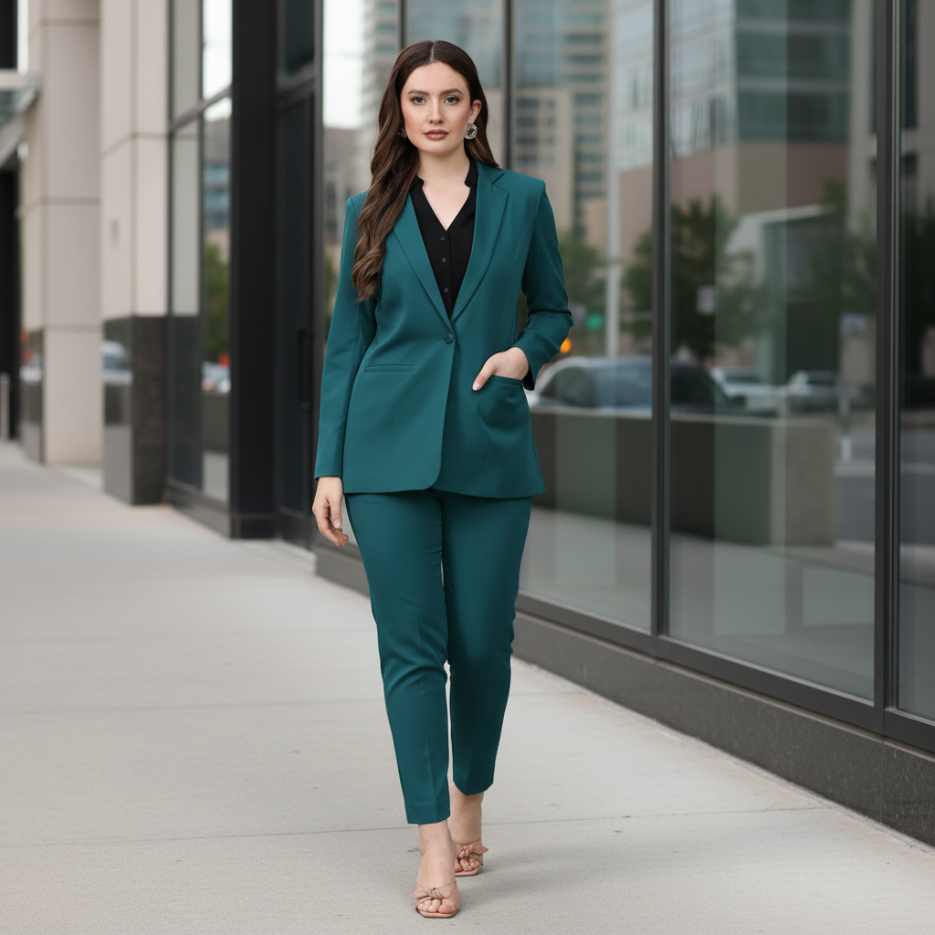 Women Notch collar Blazer Pant suit Set (Bottle Green)